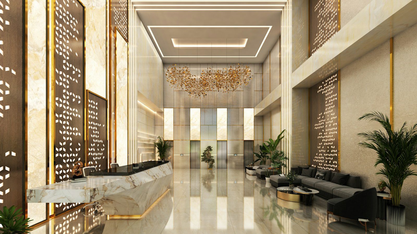 Lobby moderno de un hotel de lujo, con recepción de mármol, detalles dorados, una lámpara de diseño y un sector de sillones