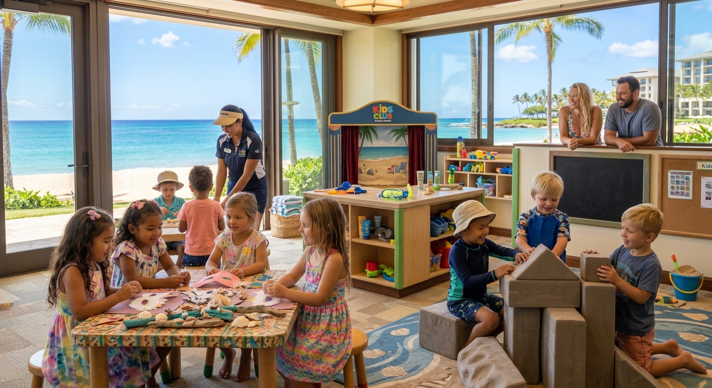 Chicos jugando y haciendo manualidades en un kids club de un hotel frente a la playa, con una animadora y los padres mirando