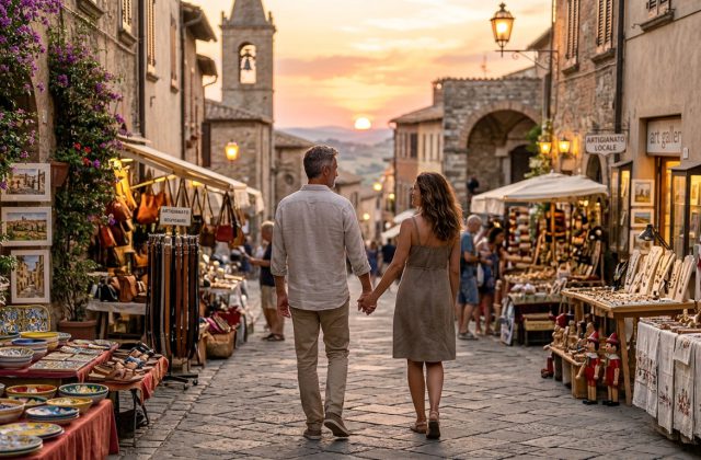 Pareja caminando de la mano por una calle empedrada de un pueblo histórico al atardecer, entre puestos de artesanías