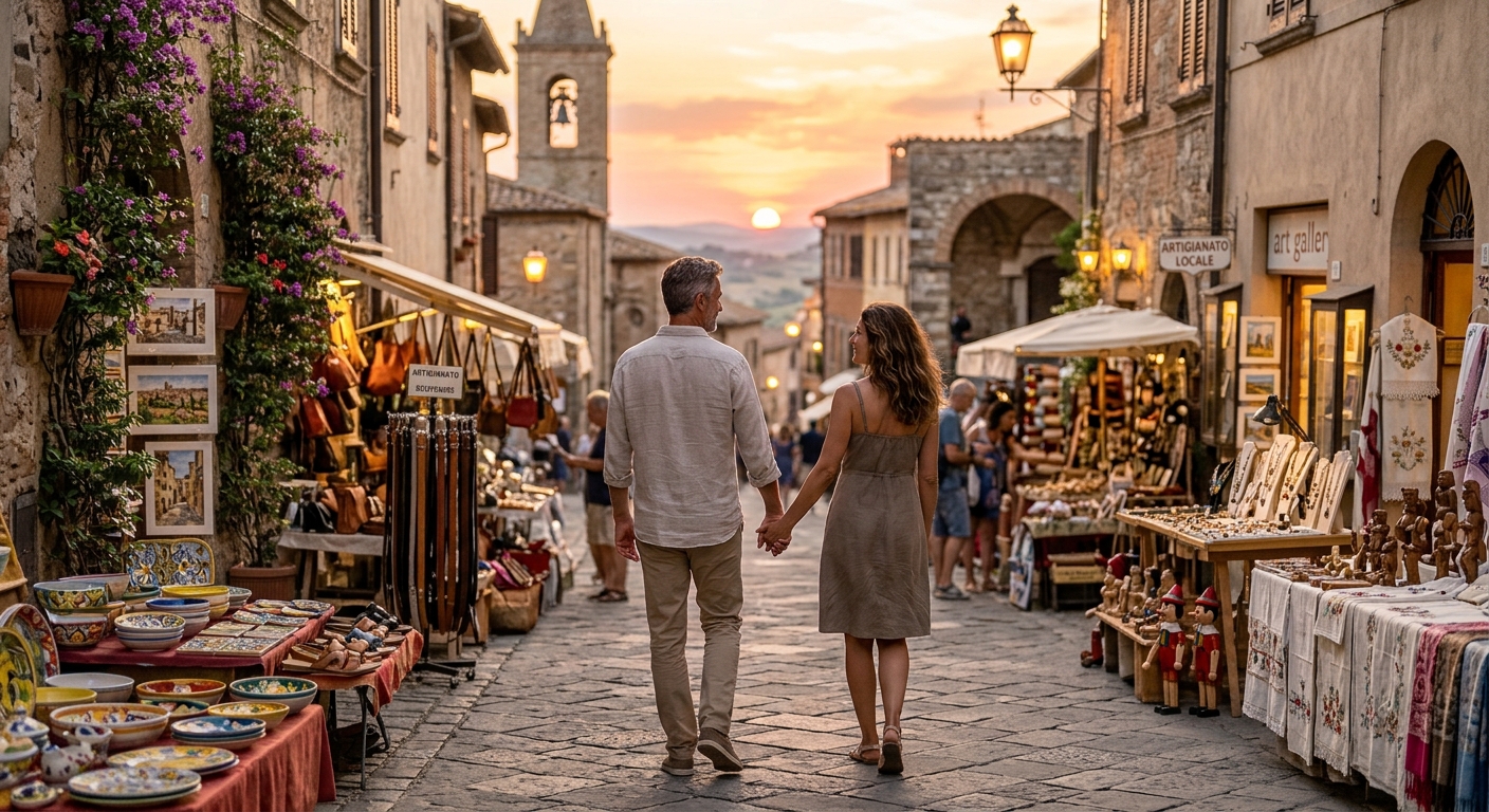 Pareja caminando de la mano por una calle empedrada de un pueblo histórico al atardecer, entre puestos de artesanías